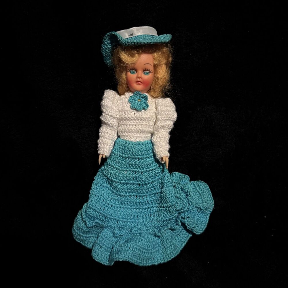 1950s Vintage Sleepy Eye Hard Plastic Doll Hand Crocheted Blue White Dress  7"